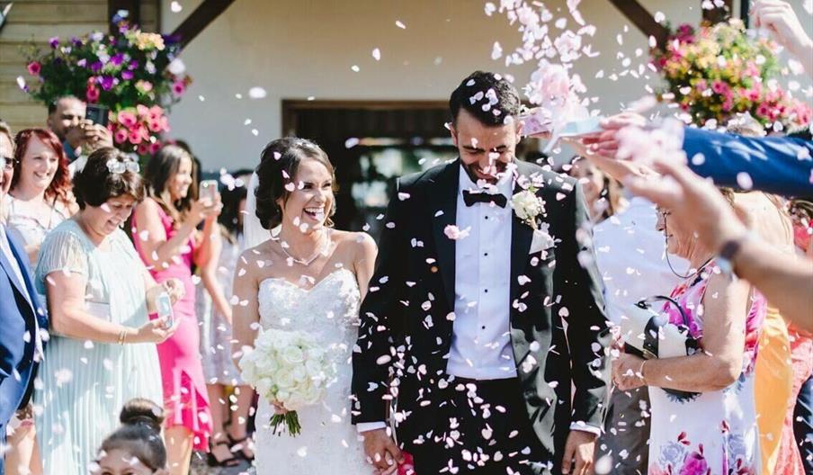 Oldwalls Gower married couple getting showered with confetti
