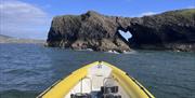 Our boat, Sea Serpent, in front of Devil's Bridge, Worm's Head