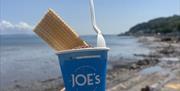 Joes Ice Cream mumbles person holding ice cream in front of bay