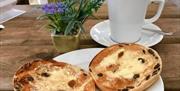 Penllergare Valley Woods buttered teacakes with cup of tea