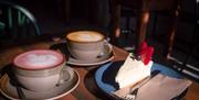 Cake and beetroot latte