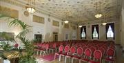 Brangwyn hall set up for a guest speaker to talk to audience